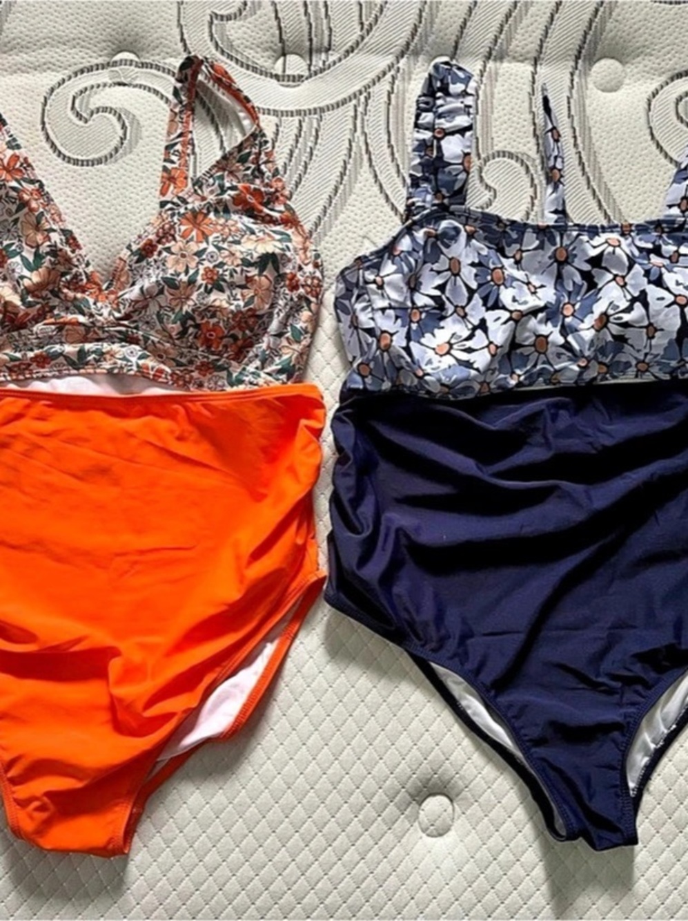 Bundle of Floral Two-Piece Maternity Swimsuits in Orange & Blue Medium